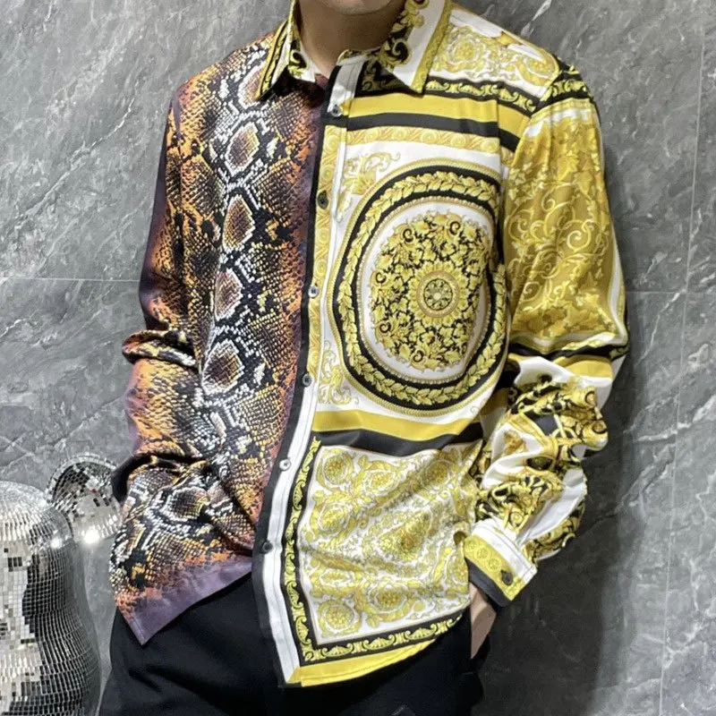 Gold Snake Stitching Printing Dress Shirts Luxury Baroque Long Sleeve Black Gold Palace Shirt Flower Fall  Social Slim Shirt Men