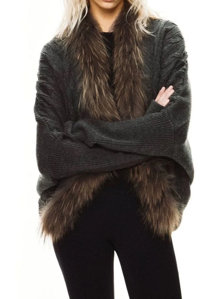 Y2k Aesthetic Gray Twist Cardigan Jackets Fur Patchwork Streetwear Vintage Grunge Tops Winter Batwing Sleev ​harajuku Sweater