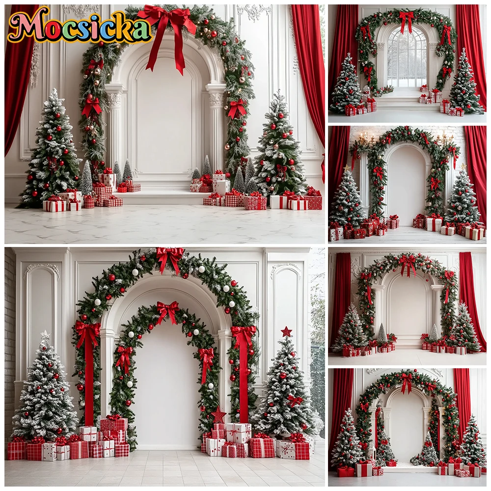 Mocsicka Arch Weihnachts-Fotografie-Hintergrund, Weihnachtsbaum, rote Schleife, Vorhang, Winter, Familie, Kind, Urlaub, Porträt, Fotokabinen-Hintergrund