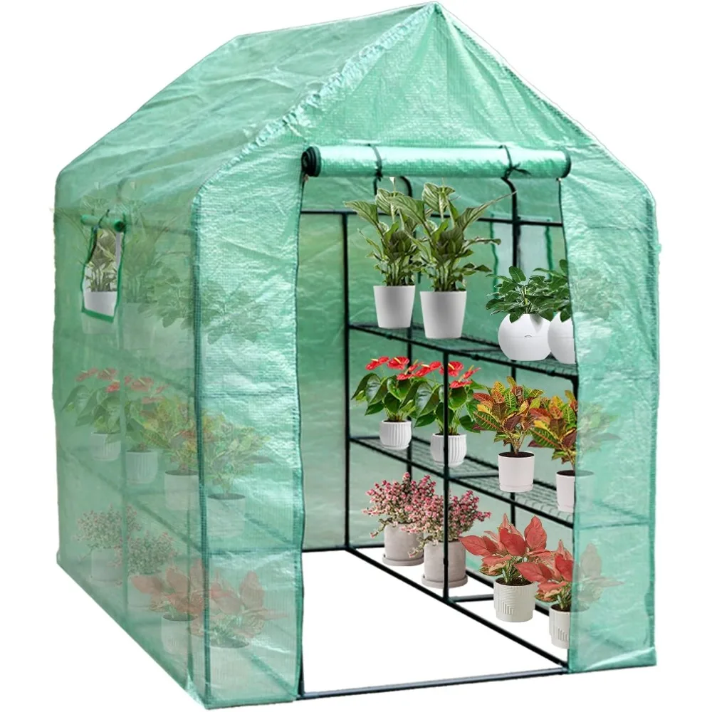 Portable Walk-in Greenhouse with Windows, Shelves and Anchors, Indoor Outdoor Greenhouse with Watering System,Zippered Door