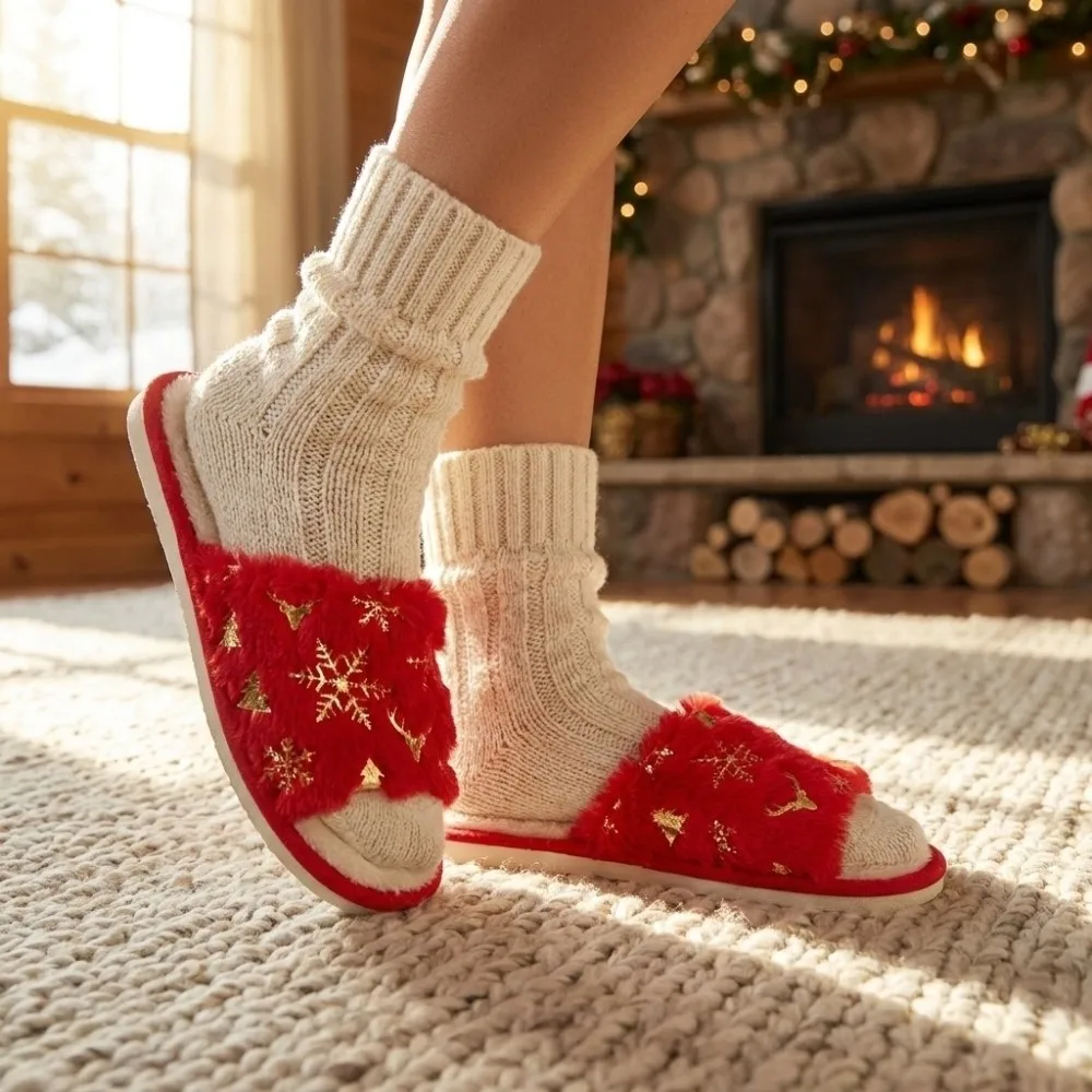 Elegant EVA Christmas House Slippers Upper Non-Slip Fleece Lined Slippers Cozy Soft Sole Open Toe Slippers Holiday