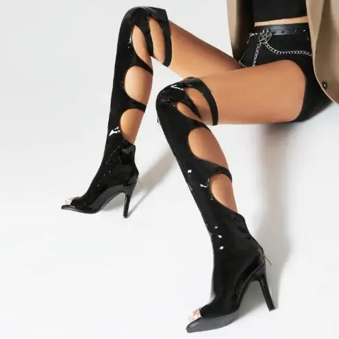 Sexy Women Black Matte Shiny Leather Gladiator Peep Toe Hollow Cuts Out 7 9 sottile tacco alto sopra i sandali al ginocchio stivali da donna