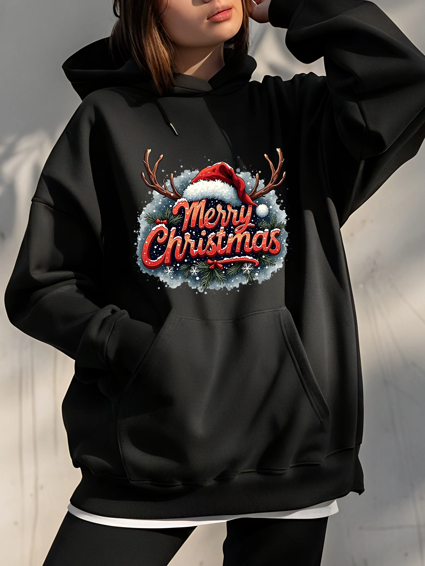 

Рождественская толстовка с капюшоном с принтом оленей, женская повседневная зимняя толстовка, праздничный наряд для женщин