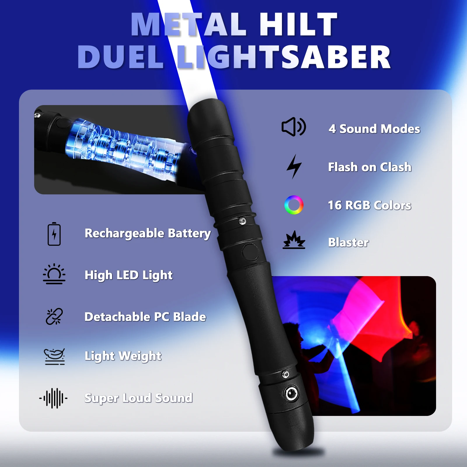 Dueling Lightsaber-97cm,16 RGB Colors,4 Modes&Sounds Light Saber,Metal Hilt, USB Charger, Birthday Gift for Kids Adults