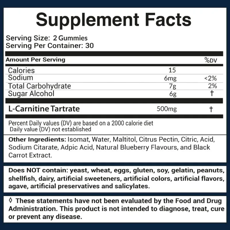 L-carnitine Gummies | Non GMO, Vegan, Gluten Free | Natural Blueberry Flavored 60 Gummies
