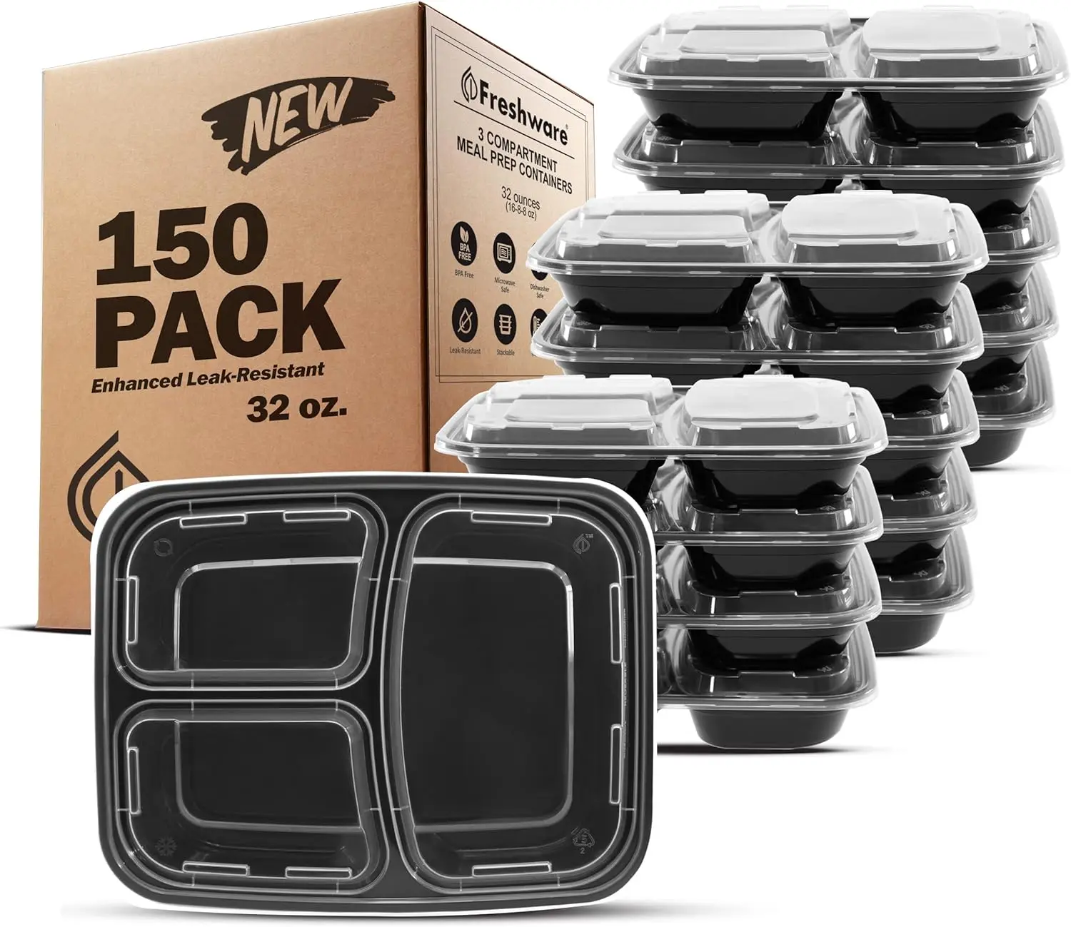 

150-Pack 3-Compartment Meal Prep Containers with Lids, Stackable, Microwave/Dishwasher Safe (32 oz)
