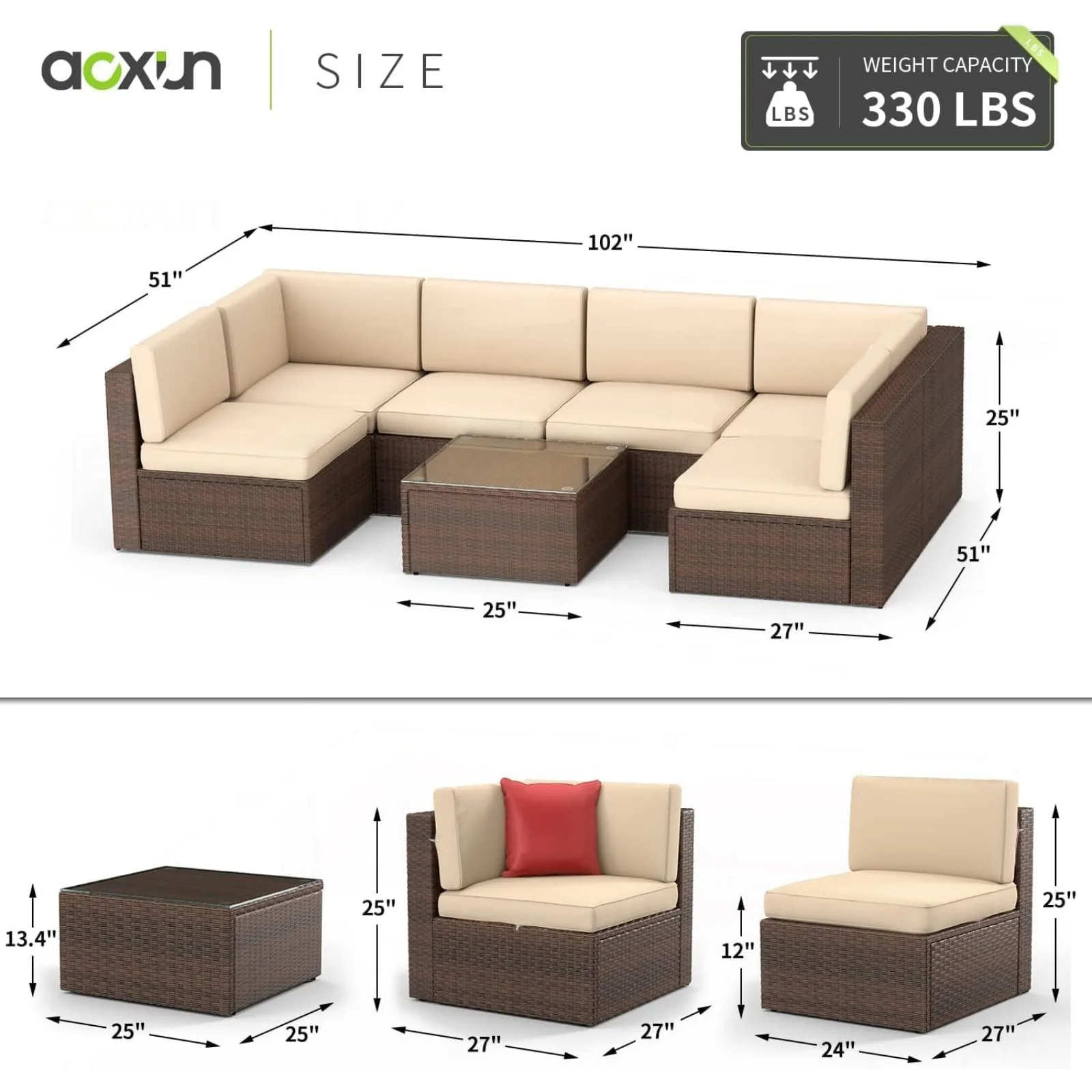 US Aoxun Patio Furniture Sets 7PCS Outdoor Wicker Conversation Furniture Set with