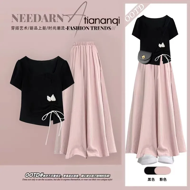 

Dopamine Outfit Set for Women's Spring and Summer New Design Short Sleeved T-shirt+loose Skirt Pants Two-piece Set