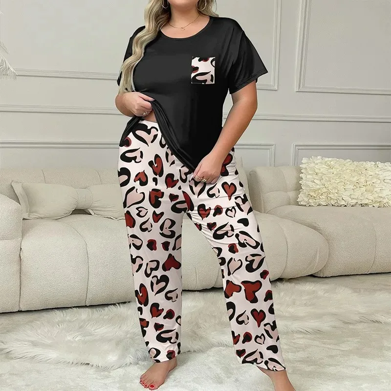 

Milk Silk Lady's Loungewear New Heart Print Short Sleeve Pajama Style Pants Set Plus Size Casual Homewear 2pcs Relaxed Fit