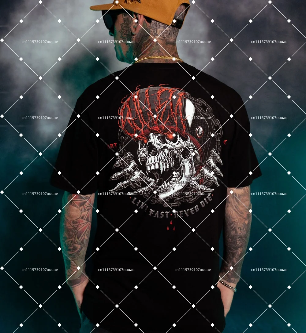 Men's Sullen T-shirt Cycling Skeleton Helmet Short Sleeve T-shirt Chain Tattoo Street Wear Retro Pattern Top Men's Style