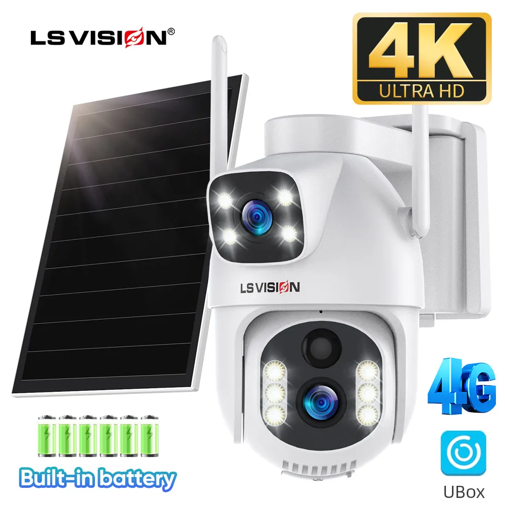 LS VISION Ubox 4G Sim Solar Camera Wireless Outdoor 8MP Dual Lens Dual Screen Bulit-in Battery Human Auto Tracking CCTV Cameras