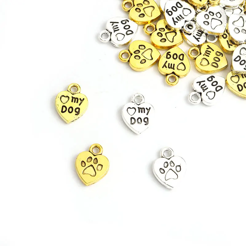 20Pcs Cute Pet Hond Poten Hart Vorm Lichtmetalen Charms Liefde Mijn Hond Zilver Goud Kleur Oorbellen Hangers Diy Kettingen accessoires Geschenken