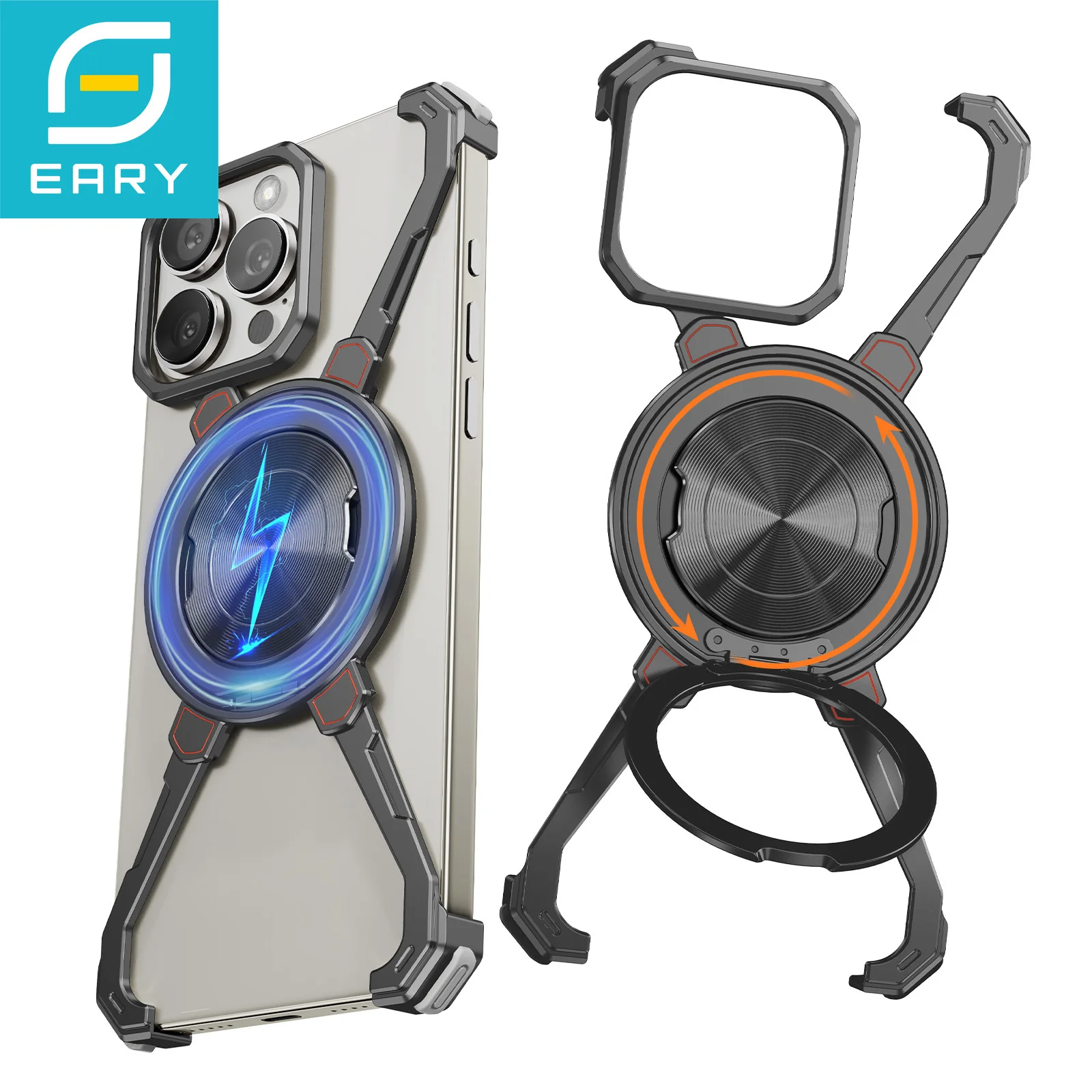 

Eary X Shape for iPhone 16 Pro Max Phone Case with Ring Stand 360° Rotatable Metal Frameless Shockproof Protective Bumper Cover