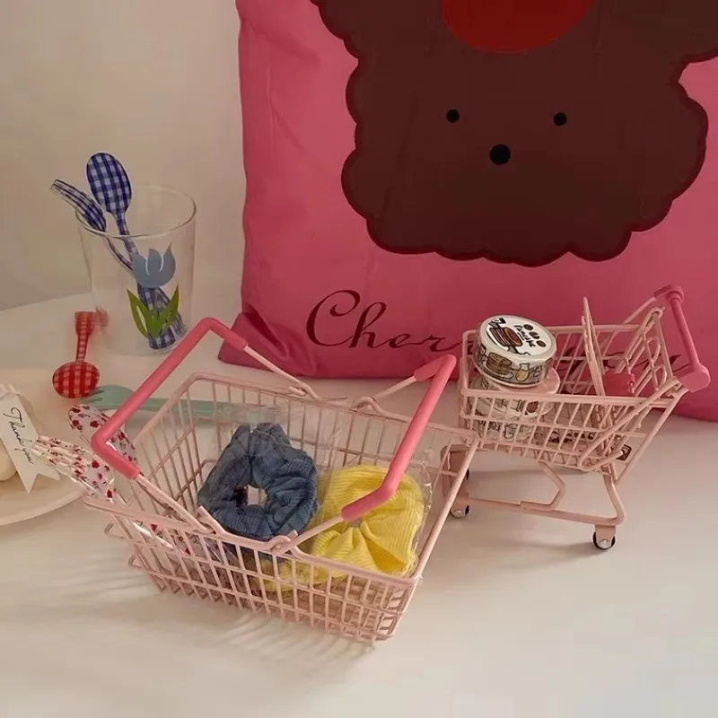 Ins Cute Pink Mini Trolley Creative Desktop Storage Basket Kawaii Dollhouse Furniture Toy Decoration Accessories Novelty Storage