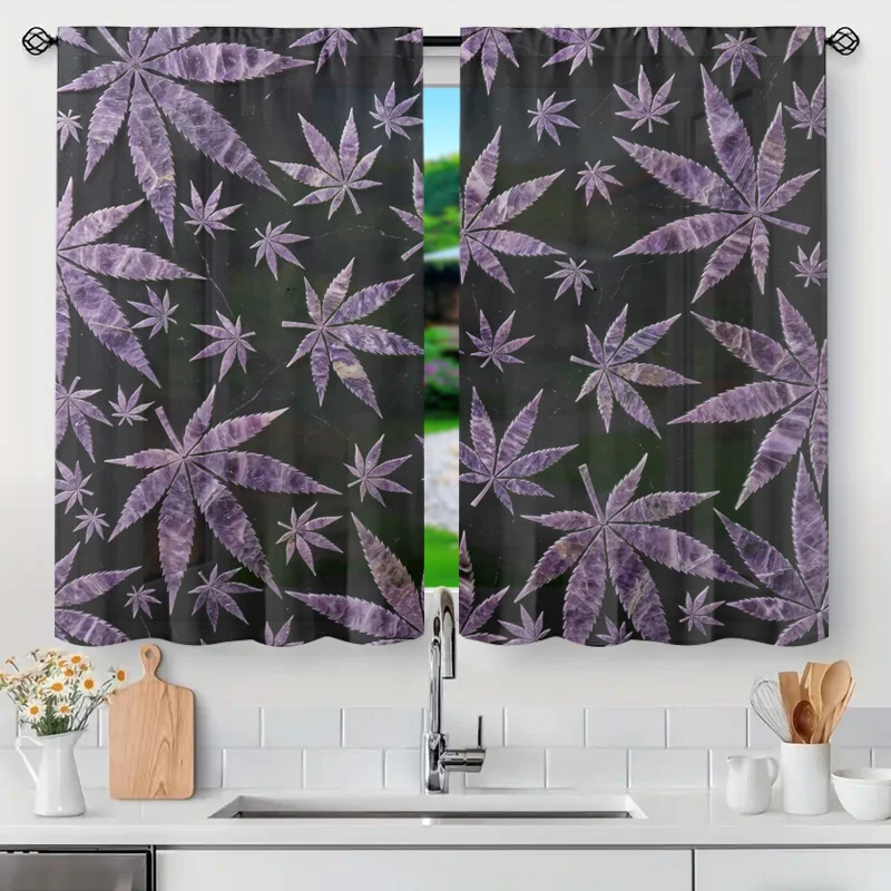 Purple Cannabis Leaf Pattern Decorative Semi-Sheer Curtain Panel Pair Window Curtains for Kitchen Bathroom Home Decor Privacy Ro