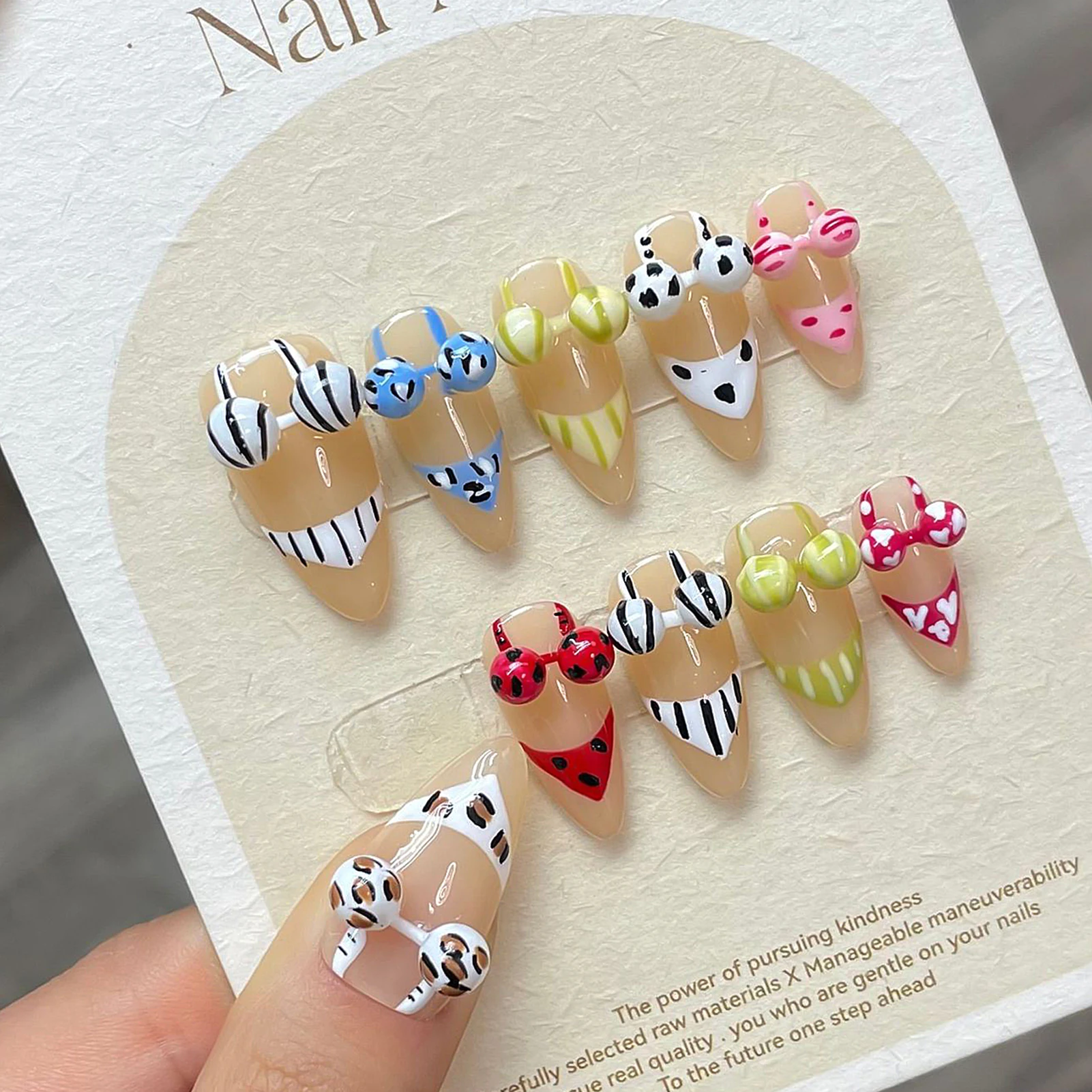 

Almond Summer False Nails Handmade 3D Bikini Press On Nails Full Cover Glossy Fake Nail Tips Wearable Manicure Art For Vacation