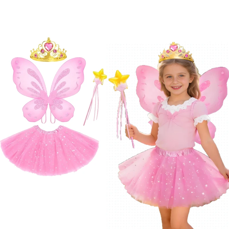 

4PCSFairy Costume for Girls Butterfly Costume with Fairy Wings,Wand,Crown,Tutu Skirt Halloween Birthday Party Princess Dress up