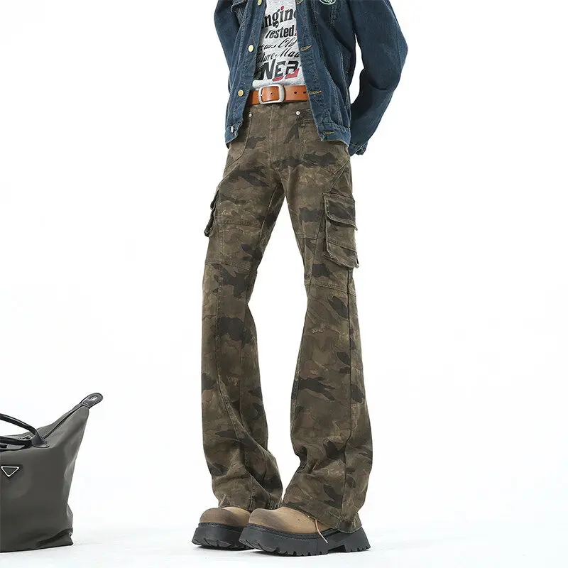 

American High Street Retro Camouflage Pants Men's Slim Fit Multi ket Workwear Pants Slimming Micro Flared Trousers