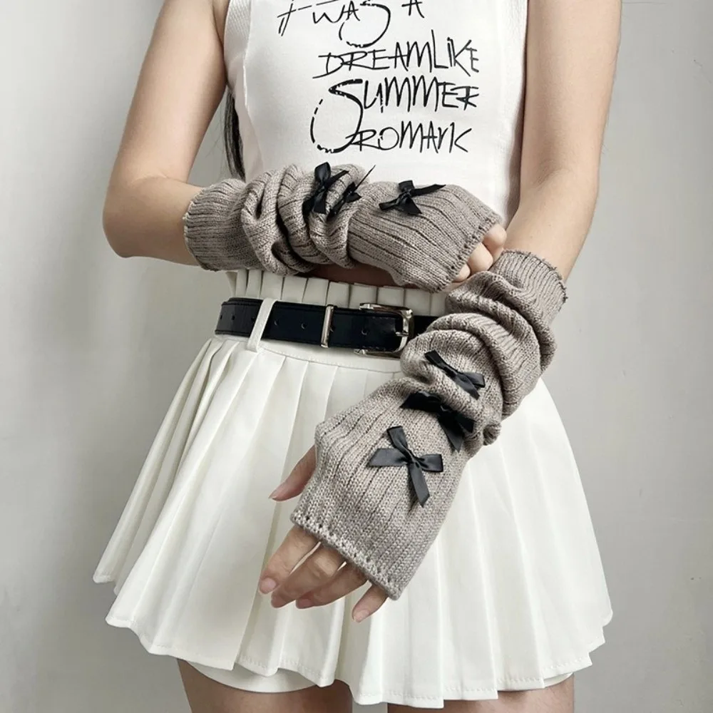 Kawaii Slouchy Bow Knitted Arm Warmers Long Windproof Wrist Cuffs Stacked Warm And Comfortable Sleeve Covers Girls