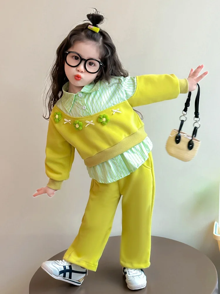 

Spring Autumn Tee Flowers Girl's Casual Outfit Baby Girl's Sweatirt Two-Piece Set Trendy Long Sve Cotton Suit