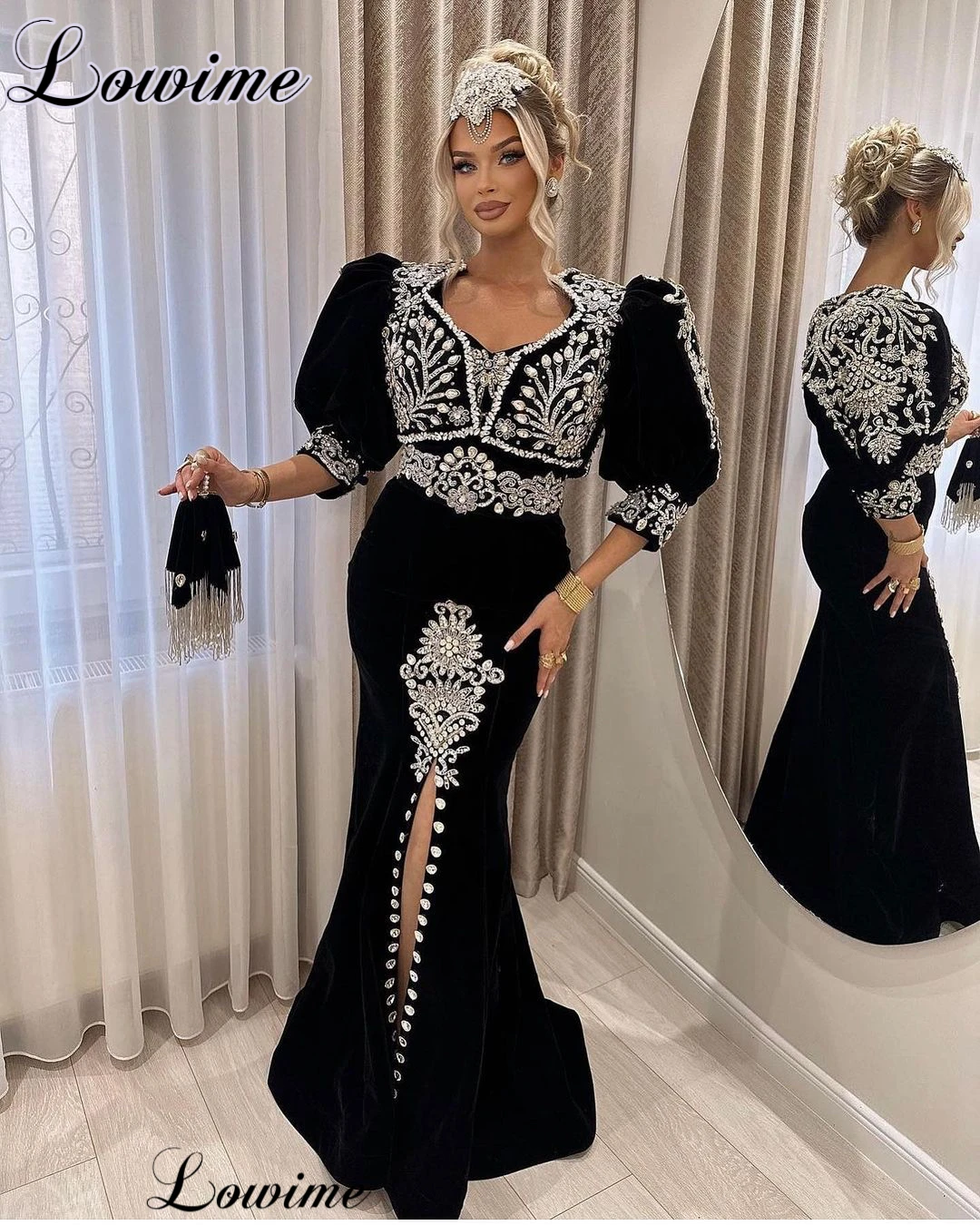 Middle East Black Prom Dresses With Crystals 3/4 Long Sleeves Mermaid Evening Gowns Vestidos De Cóctel Velvet Birthday Dresses