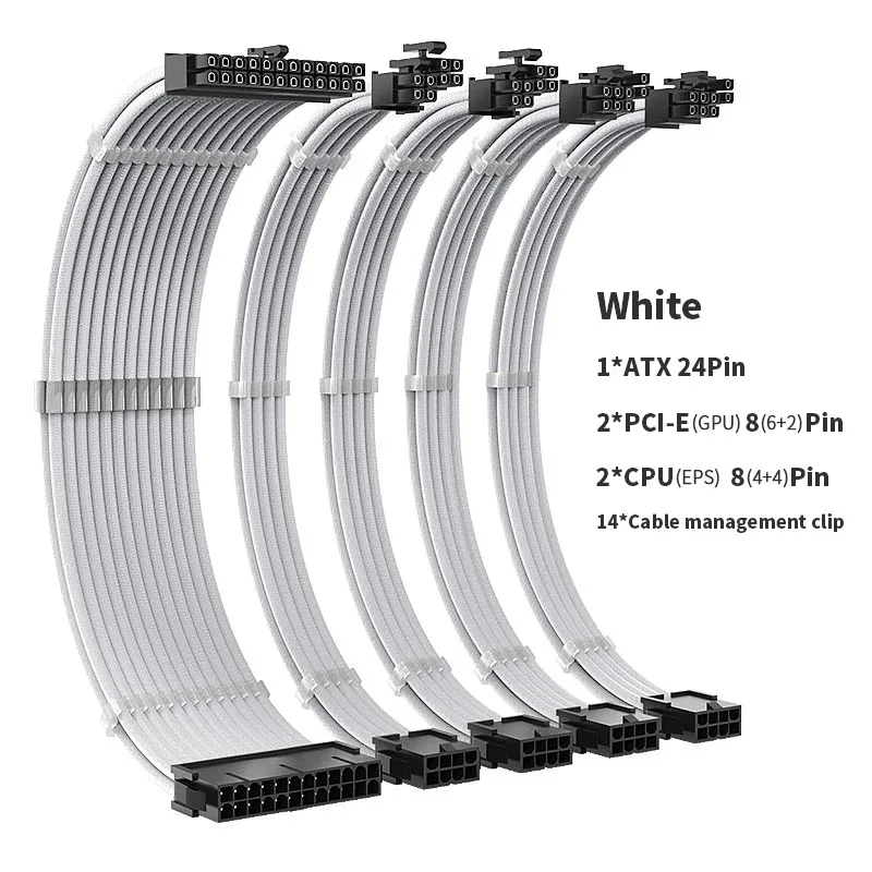 Imagem -06 - Teucer Psu Extension Cabo Kit Todo Branco Combo Sólido Atx24pin Pci-e8pin Cpu8pin com Pentes 350 mm