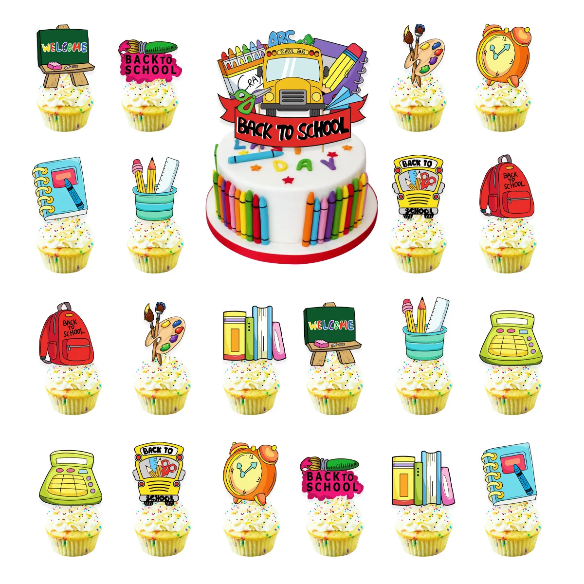 Welcome Back, Back To School Cake Toppers,Kindergarten Cake Decoration, Alarm Clock Pencil Book Bag School Bus Cake Insert,21pcs