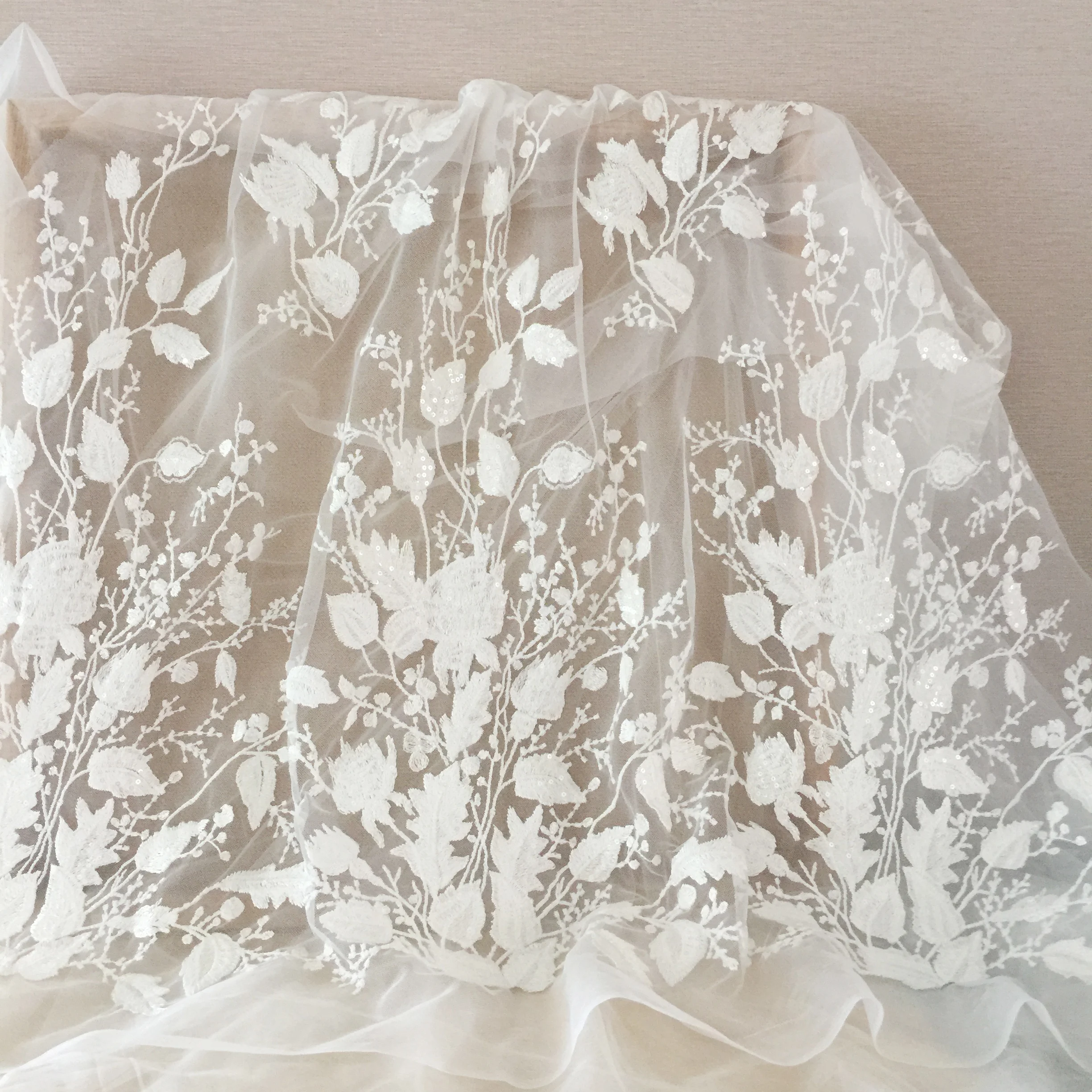 

1 Yard Top Quality Sequin Ivory Tulle Floral Embroidery Lace Fabric , Bridal Gown Wedding Dress Veils Shrug Fabric