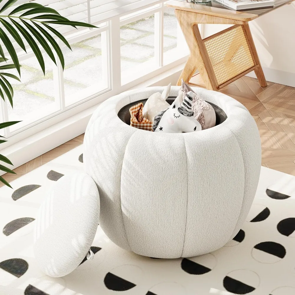

Storage Ottoman, Round Ottoman with Storage, Upholstered Soft Vanity Stool for Living Room, Foot Stool Ottoman for Bedroom, Entr