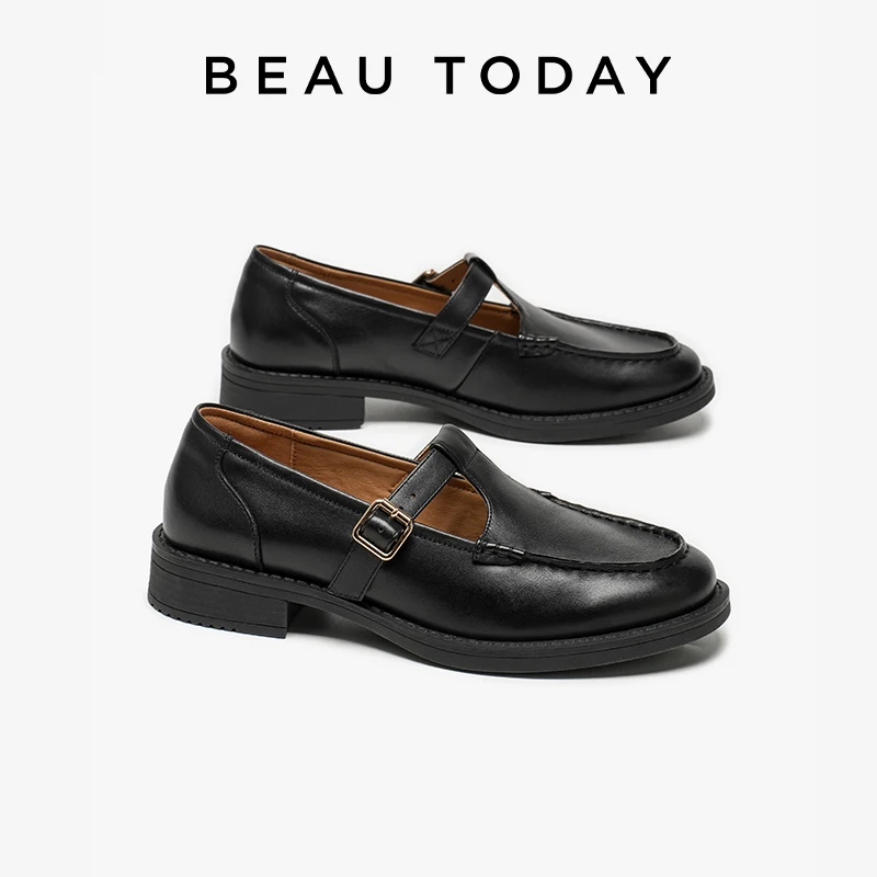 BEAUTODAY Mary Janes Women Genuine Calfskin Leather T-Strap Buckle Strap Solid Color Retro Flat Ladies Shoes Handmade 28764