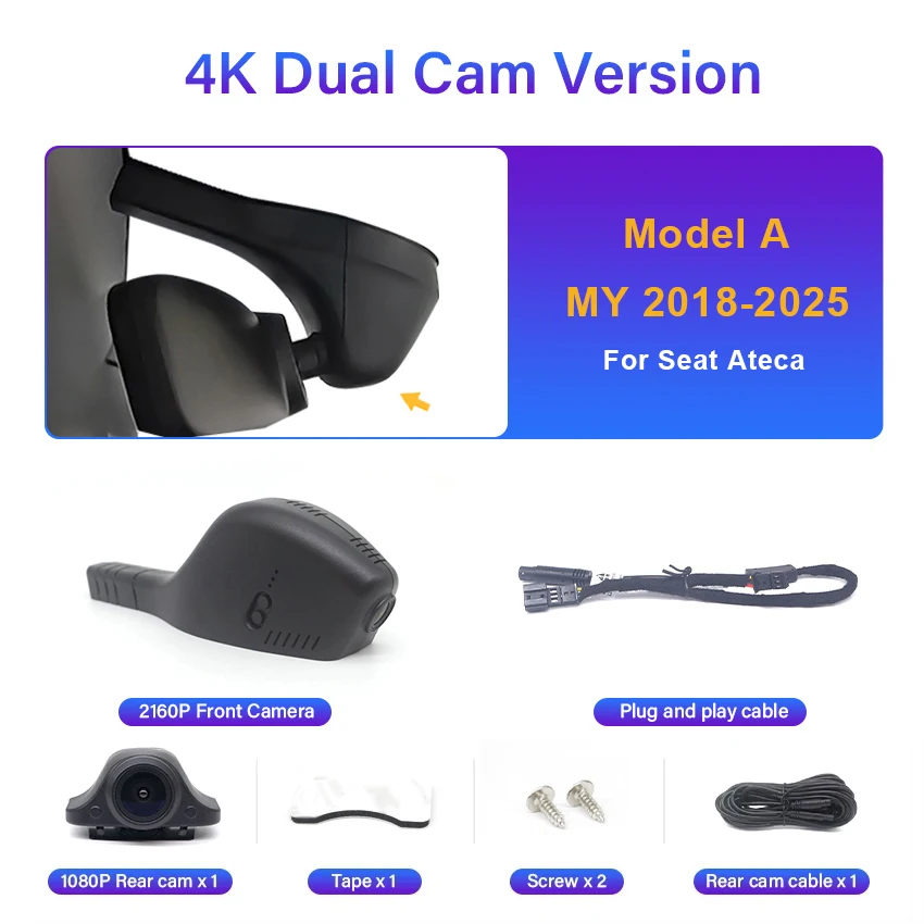 Voor Seat Ateca 2018 ~ 2025 Voor en Achter 4K Plug en Play Dash Cam voor Auto Camera Recorder Dashcam WIFI Auto Dvr Opname Apparaten
