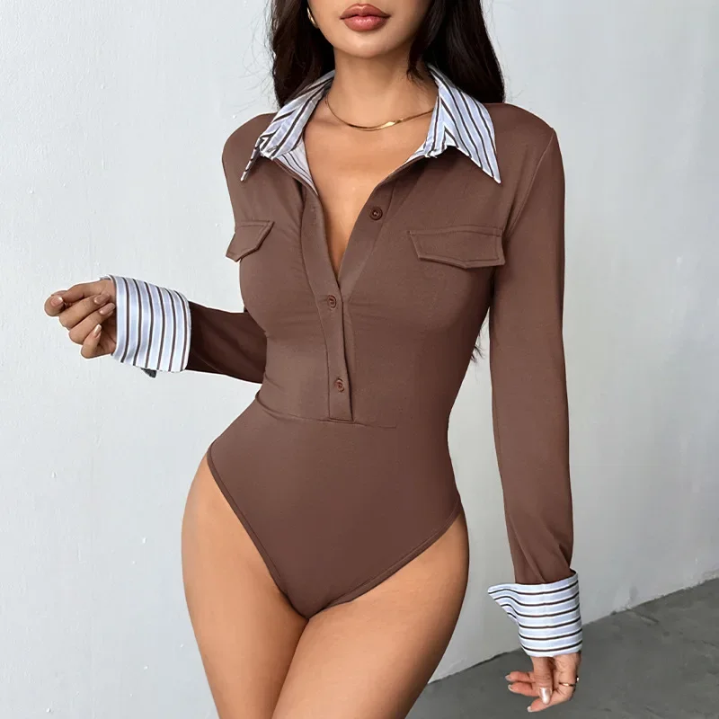 

2026 New Commuter Sweet and Mature Style Fake Two-piece Striped Shirt Collar Long-sleeved Slim Jumpsuit