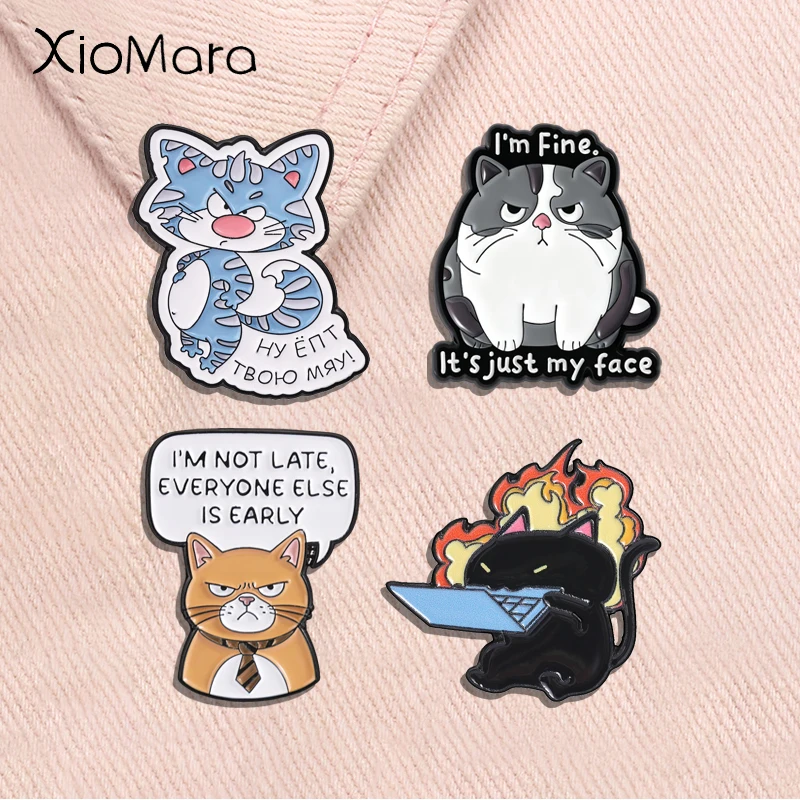 Grumpy Orange Cat Enamel Pins I'm Not Late Everyone Else Is Early Cartoon Office Business Cat Brooch Lapel Badge Jewelry Gifts