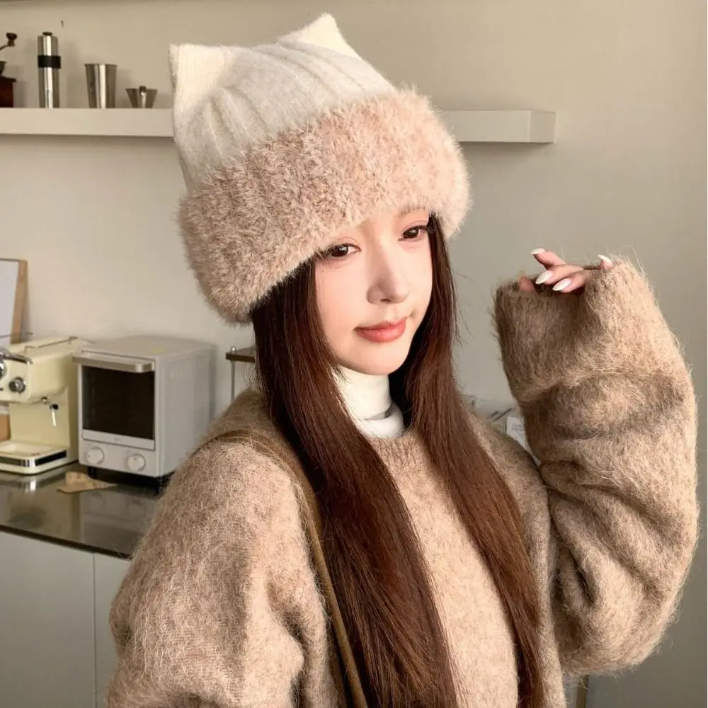 Faux Rabbit Fur Knitted Beanie Hat Warm Fleece Lined Winter Thermal Hat 56-58CM Stretchy Fluffy Cat Ear Beanie Daily Outdoor
