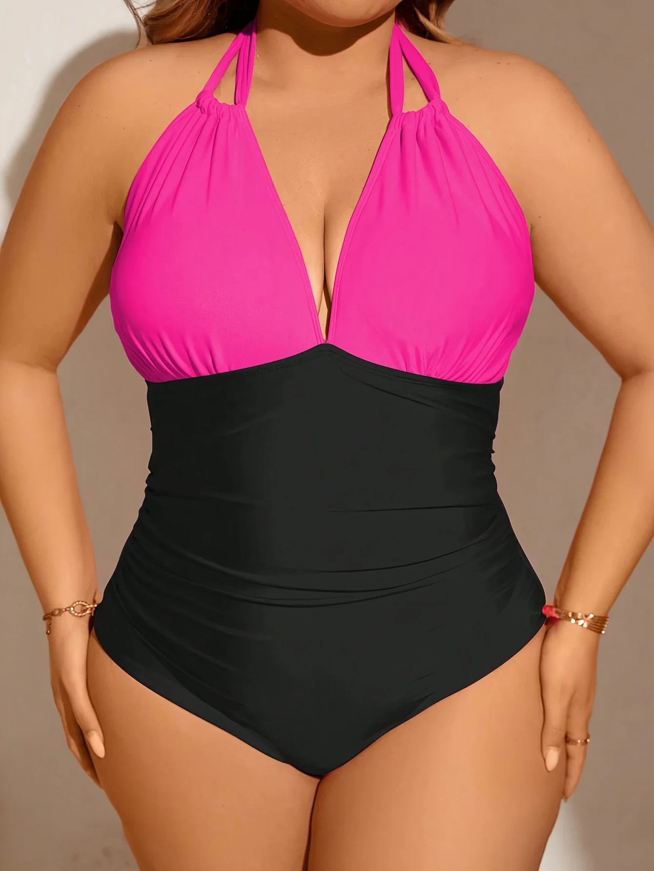 

2026 New Neon Pink & Black Color-Block One-Piece Swimsuit - Halter Neck, Ruched Waist, Bold Beach Swimwear