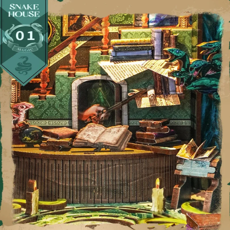 뱀의 집 북 누크 DIY, 센서 작동 3D 나무 모델, 마법 학교 테마 성인용 공예품