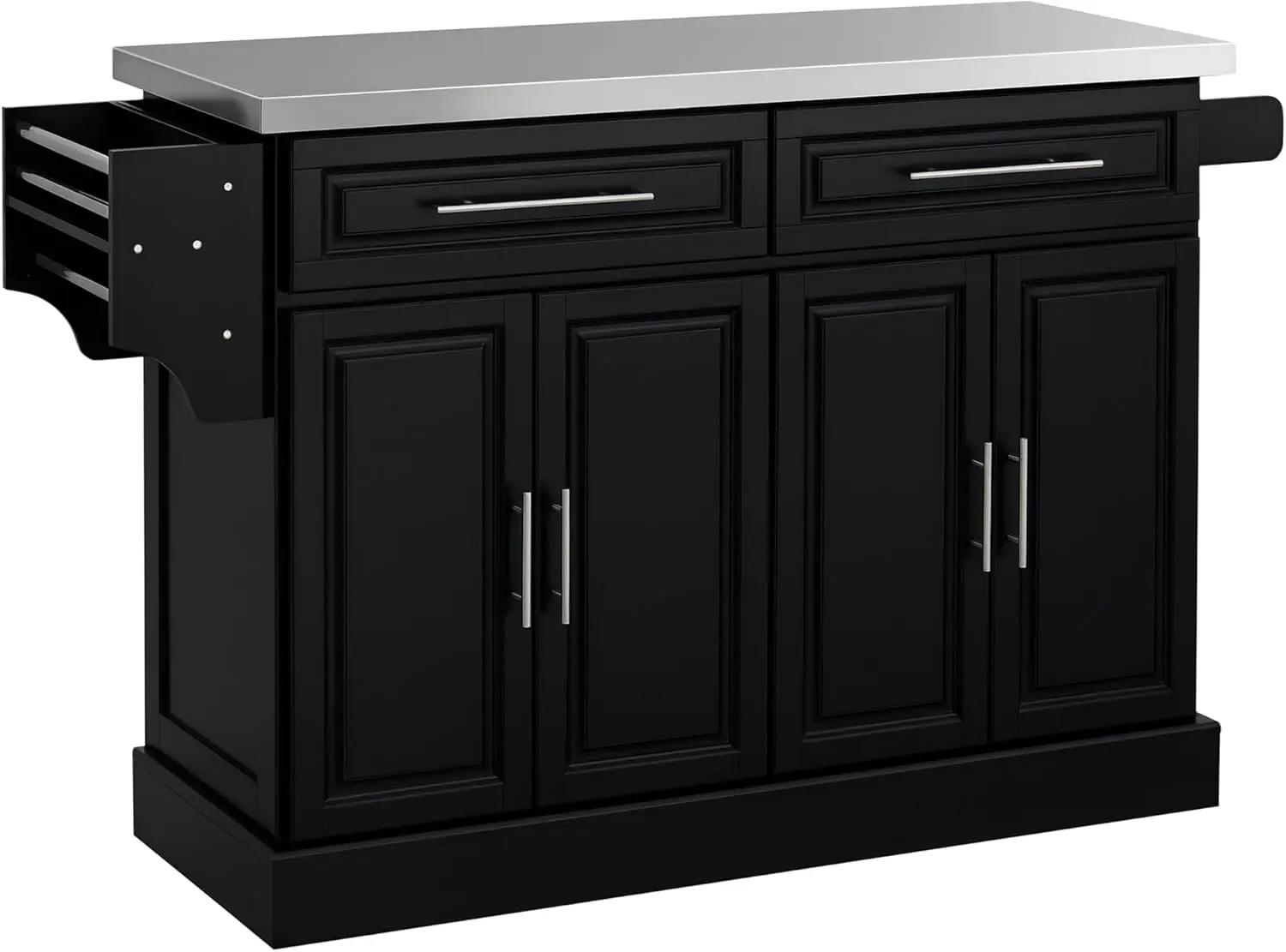 

Portable Kitchen Island Cart with Wheels, Stainless Steel Top, Adjustable Shelves, Drawers & Racks in Black