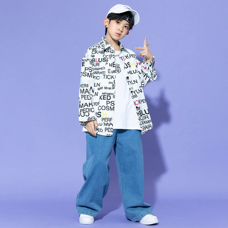 Kids Kpop Hip Hop Clothing Oversize Letters Print Shirt Tops Denim Pants Street Dance for Girl Boy Jazz Dance Costume Clothes