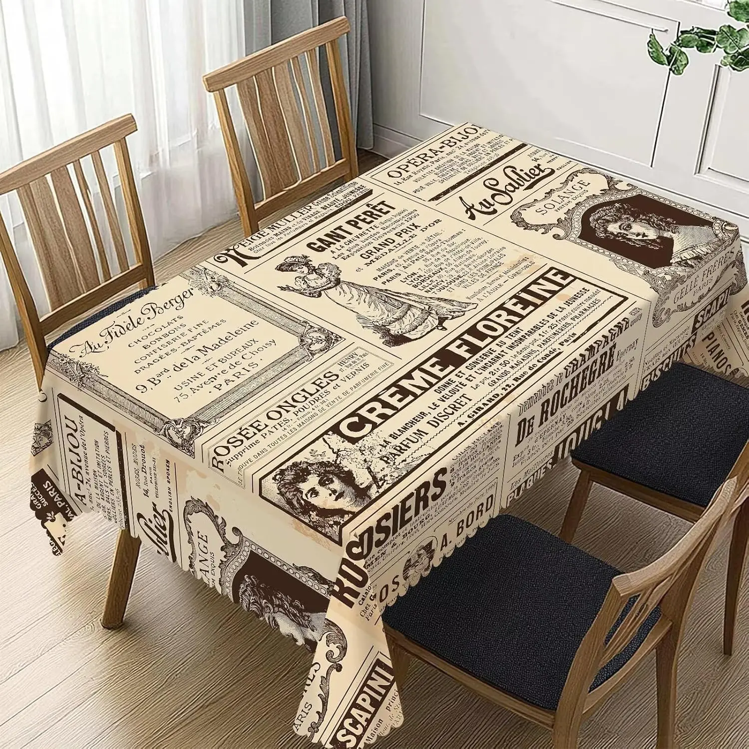 Home Textiles News - ヴィンテージパリフランス新聞テーブルクロス、ブラウンニュース女性柄長方形洗えるテーブルカバー、ダイニングキッチンパーティー用