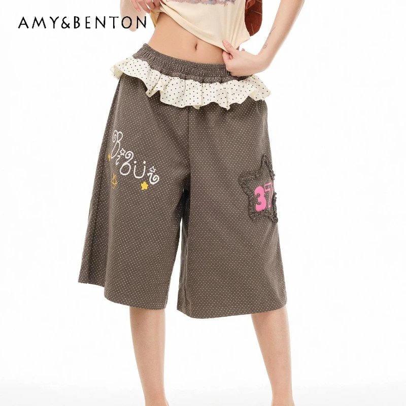 

Japanese Subculture Fart Curtain Splicing Polka Dot Women's Pants 2026 New Thin High Waist Sweet Y2k Wide Leg Capris Ladies