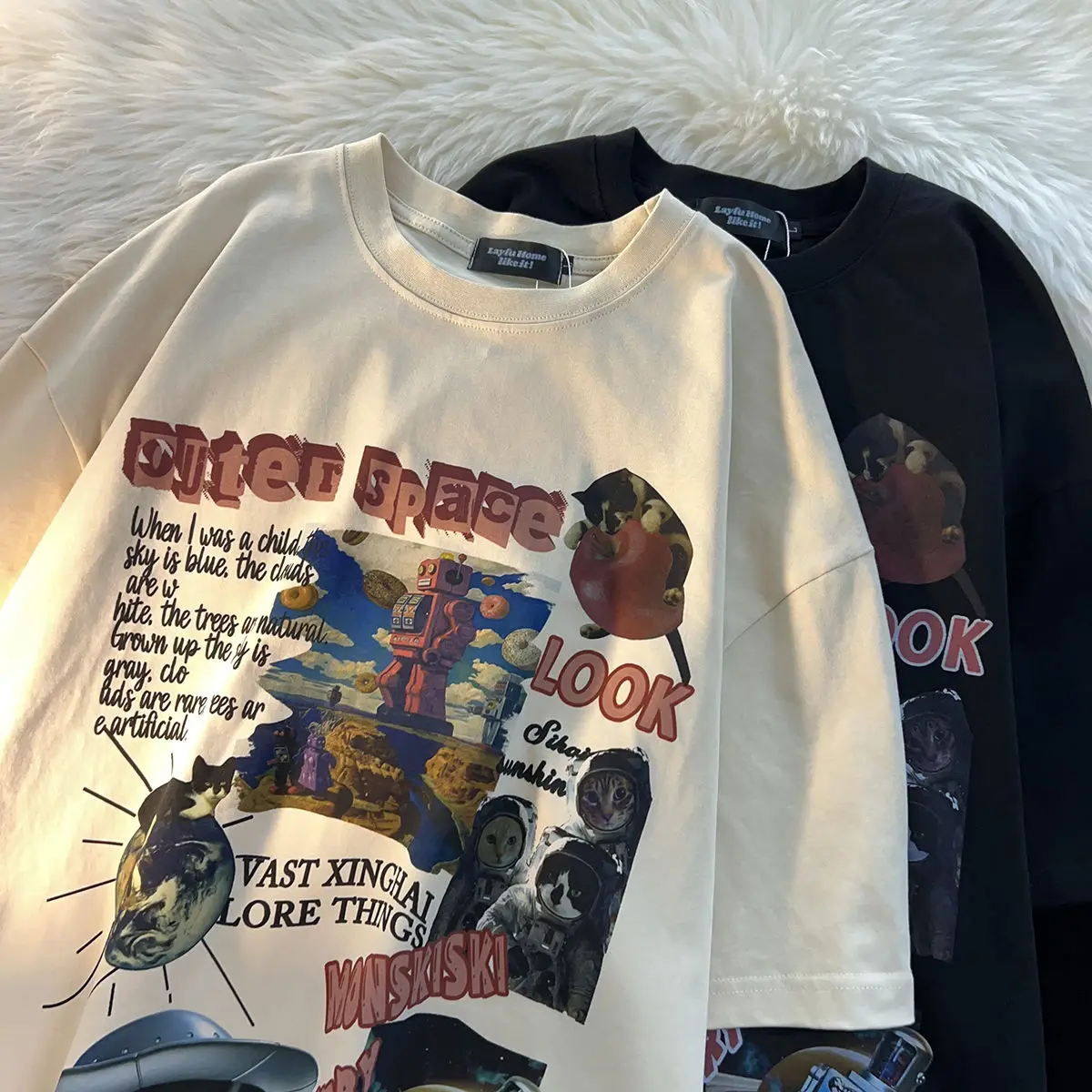 남녀공용 아메리칸 스트리트 프린트 코튼 반팔 티셔츠, 레트로 하이 스트리트 커플 반팔 티셔츠, 여름 유행 브랜드 