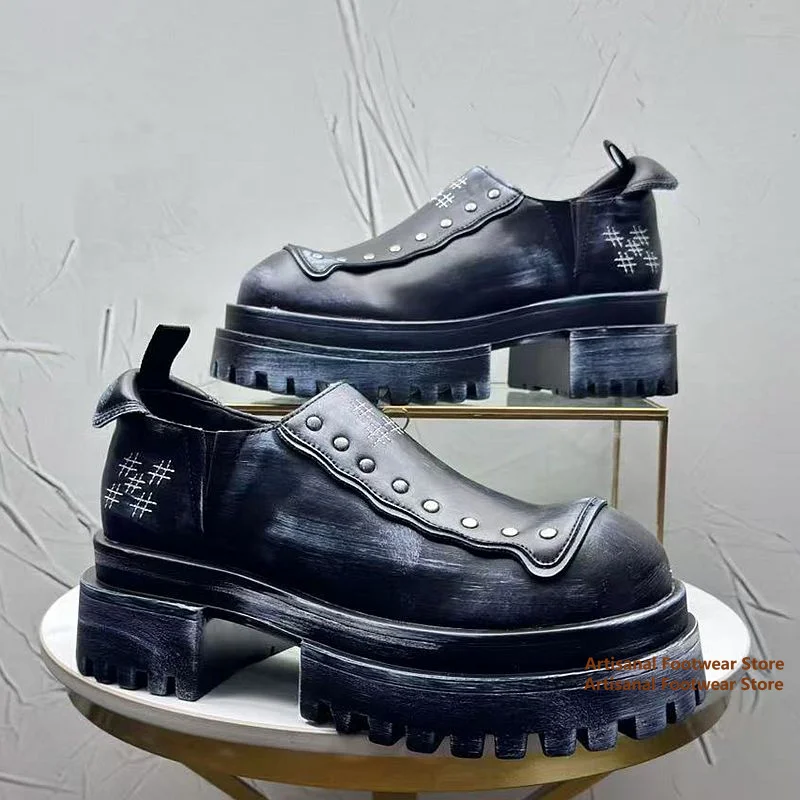 Punk Platform Chunky Leather Shoes for Men Rivet Decor Vintage Thick Sole Slip On Gothic Men's Shoes Trendy Luxury Men's Shoes