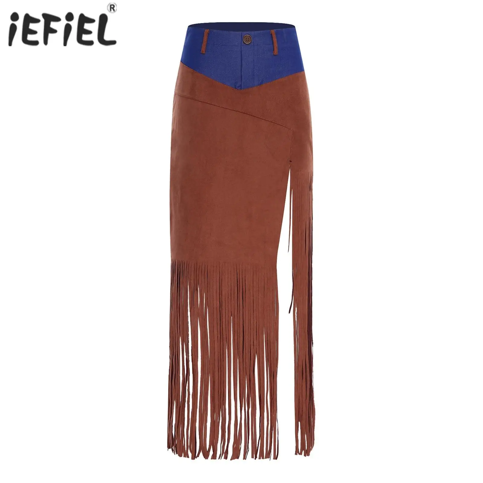 Falda Midi con borlas de vaquera para mujer, falda vaquera y gamuza sintética de retales con flecos delanteros, falda dividida lateral, disfraz de Festival de Música Jazz