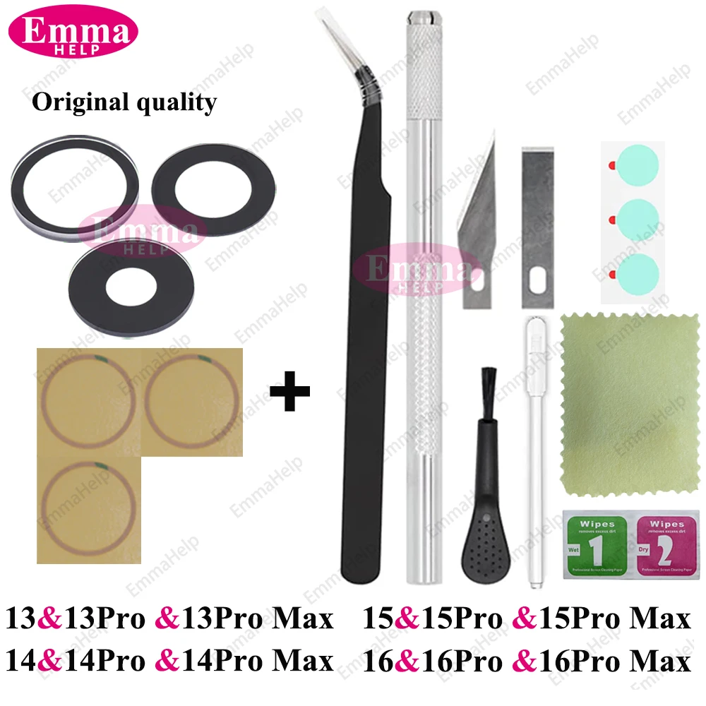 1Set Original Sapphire Rear Camera Glass Replacement for iPhone 16 15 14 Pro Max 12 13 Mini 15 Plus Camera Lens Repair Tool Kits