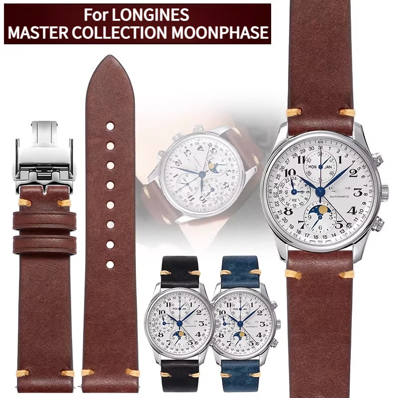 Correa de reloj de cuero genuino para reloj LONGINES Master Collection Moonphase GMT CHRONOGRAPH L2 L4, correa de reloj de piel de vaca de capa superior