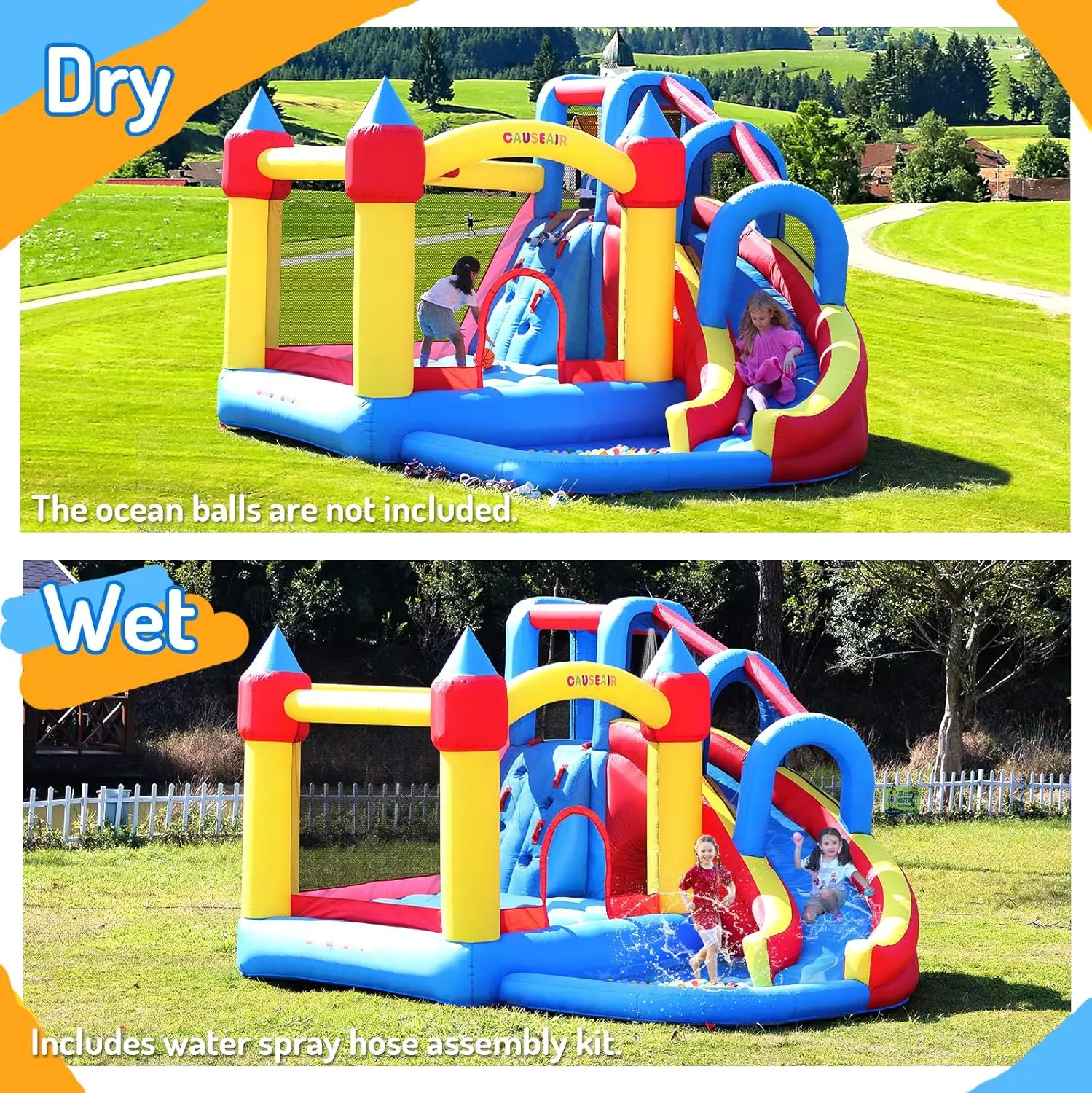 Bounce House with Water Slide,Wet and Dry Use,Basketball Hoop,Climbing Wall,Heavy Duty GFCI Blower,Bouncy Castl