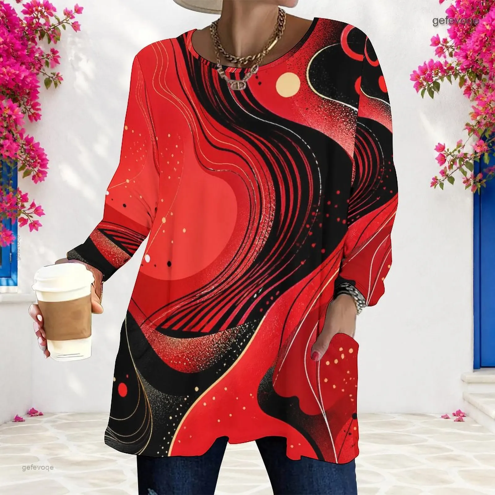 Women Red Black Abstract Swirl Printed Round Neck Long Sleeve Loose Longline Top with Pocket