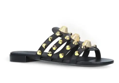 Punk Women Beige Black Dark Blue Red Leather Gold Metal Rivet Open Toe Casual Flat Slippers Ladies Hollow Slide Sandals Shoes