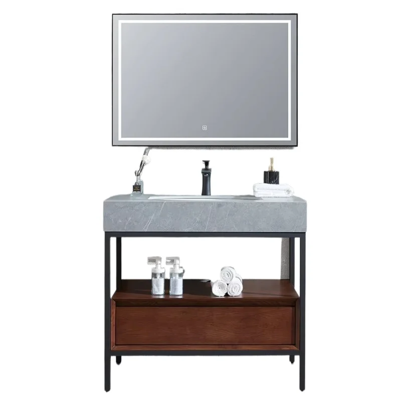 

Столешницы из спеченного камня Современный роскошный дизайн Металлические аутригеры Отдельно стоящий деревянный шкаф для ванной комнаты