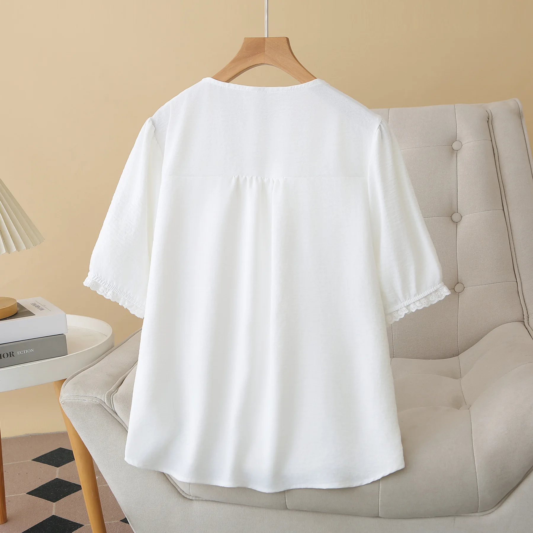 2026 Summer New Plus Size Ice Silk Blouse Short Sleeve Lace Patchwork Open Front Cardigan Loose Oversized Shirt For Women view 6